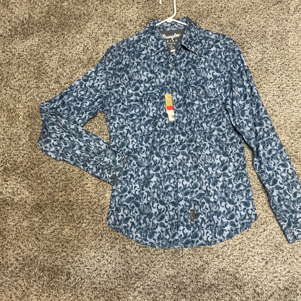 Wrangler Retro Modern‎ Fit Button Down Shirt Blue Paisley Print Mens Size M